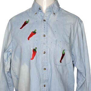 Vintage Jerzees Denim Button-Up Shirt M Red Chili Peppers Rhinestones